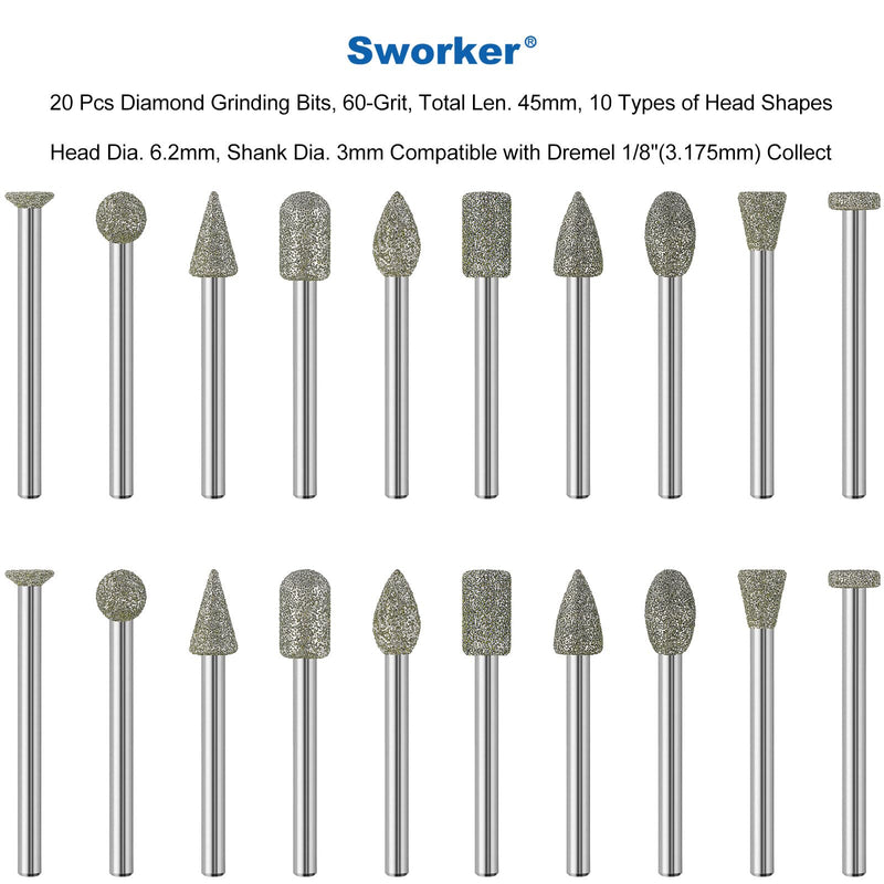 [Australia - AusPower] - 20Pcs 60-Grit Diamond Grinder Bit 1/8" Shank Compatible with Dremel Rotary Tool Attachment Accessories Grinding Burrs for Stone Glass Resin Porcelain Ceramic Quartz Glaze Steel Carve Engrave Polish 