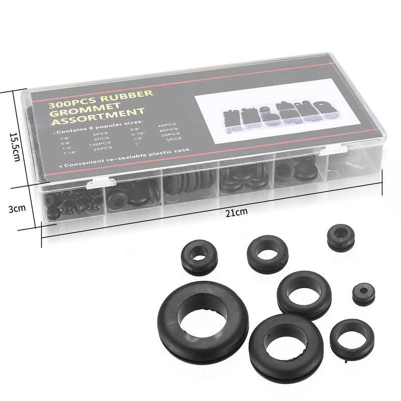 300 Pcs Rubber Grommets Kit, Rubber Wire Grommets, Rubber Hole Grommet Gaskets, Hollow Firewall Hole Plug Grommets for Wiring Plumbing Automotive - 8 Sizes, 1/4" 3/8" 5/8" 7/8" 5/16" 1/2" 7/16" 1"