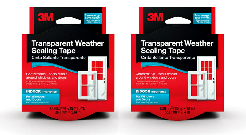 3M Interior Transparent Weather Sealing Tape, 1.5" x 10 Yards (2 Pack), Moisture-Resistant Insulating Tape for Interior Windows & Doors – Seals Drafts, Reduces Energy Loss, No-Residue Removal Pack of 2