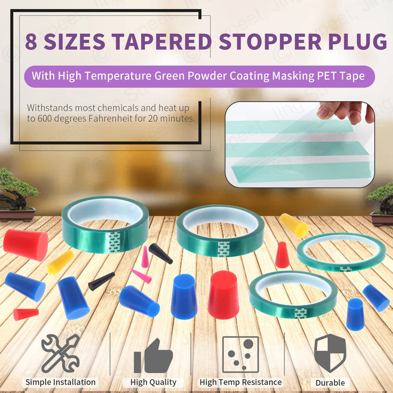 [Australia - AusPower] - Swpeet 104Pcs 36 Yards 4 Sizes 1/4",1/2", 7/10", 1" Green Powder Coating Masking PET Tape with High Temp Silicone Rubber Protective Tapered Plug Assortment Kit for Painting, Powder Coating 104 