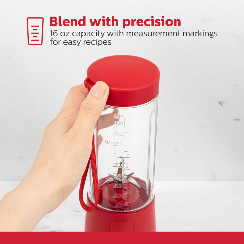 [Australia - AusPower] - Holstein Housewares - USB Portable Blender, 16oz Personal Smoothie & Shake Maker with Rechargeable Battery, Type-C Fast Charging, Spill-Free Lid & Indicator Light - Red 