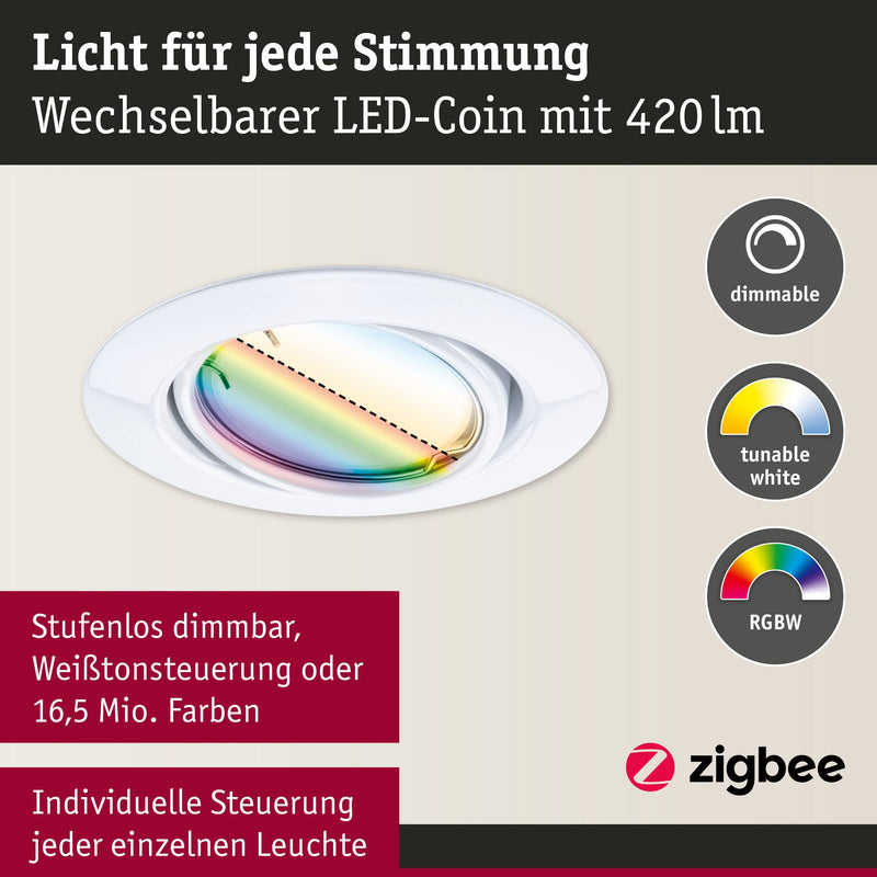 Paulmann 92466 LED Recessed Light Base Smart Home Zigbee Basic Set Swivelling Round 230 V 3 x 4.9 W 3 x 420 lm Dimmable 90 mm White Metal RGBW+