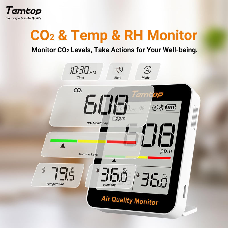 [Australia - AusPower] - Temtop C1+ CO2 Meter with App, Bluetooth Thermometer, Hygrometer with CO2 Measurement, Temperature and Humidity Sensor, Smart Monitor for Indoors, Office, Living Room, School Room Mit APP CO₂ Temp. & Feucht 