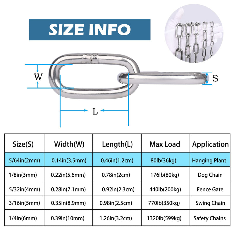 [Australia - AusPower] - Stainless Steel Chain, 5/64In × 6.6Ft Small Strong Chain Link Chain, Light Weight Chainlink Utility Metal Decorative Chain Key Chain Belt Chain Hanging Chain for Bird Feeder Planters Sign 5/64 In 6.6 Ft, 2 Pcs 