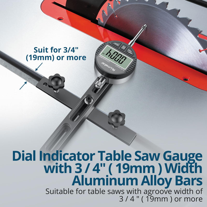 Table Saw Alignment Tool with Digital Dial Indicator,0.0005" Precision Calibration Gauge for Blade,Fence & Arbor Runout,Fast Setup CNC Aluminum Design,Fits Standard 3/4" (19mm) Miter Slots Black 0-1 Inch