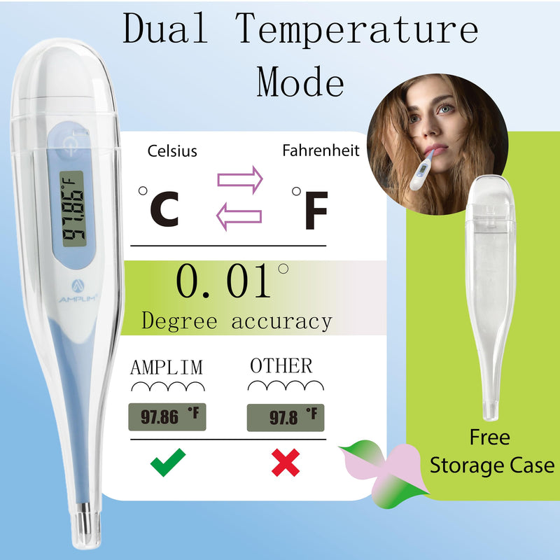 [Australia - AusPower] - Amplim Digital Basal Thermometer, Medical Grade Accurate BBT for Ovulation Tracking, 1/100th Degree High Precision Fertility Prediction, 60-Sec Read, Memory Recall, Flexible Waterproof Tip – Blue 
