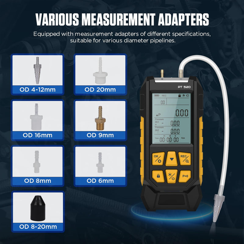 [Australia - AusPower] - PT520 Digital Pressure Gauge Air Pressure Gauge -100-200 KPa 0.1 Resolution Air Pressure 10 Units Differential Dual Port HVAC Digital Pressure Gauge Gas Pressure Gauge with Backlit LCD Display 