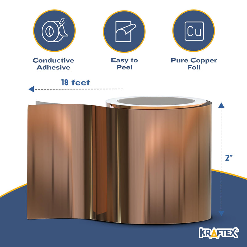 [Australia - AusPower] - Kraftex Copper Tape [2 Inch x 33ft]. Copper Tape Conductive Adhesive use as Copper Tape for Slugs, Copper Shielding Tape for Guitars, Faraday Tape or Copper Flashing roll. 