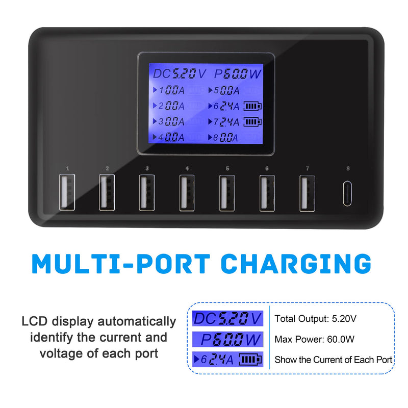 [Australia - AusPower] - USB Charger, slitinto 60W 12A 8-Port USB Charging Station Multi Port USB Hub Charger Compact Size LCD Display Compatible with iPhone iPad Samsung Kindle Tablet Bluetooth Earbuds and More Black 