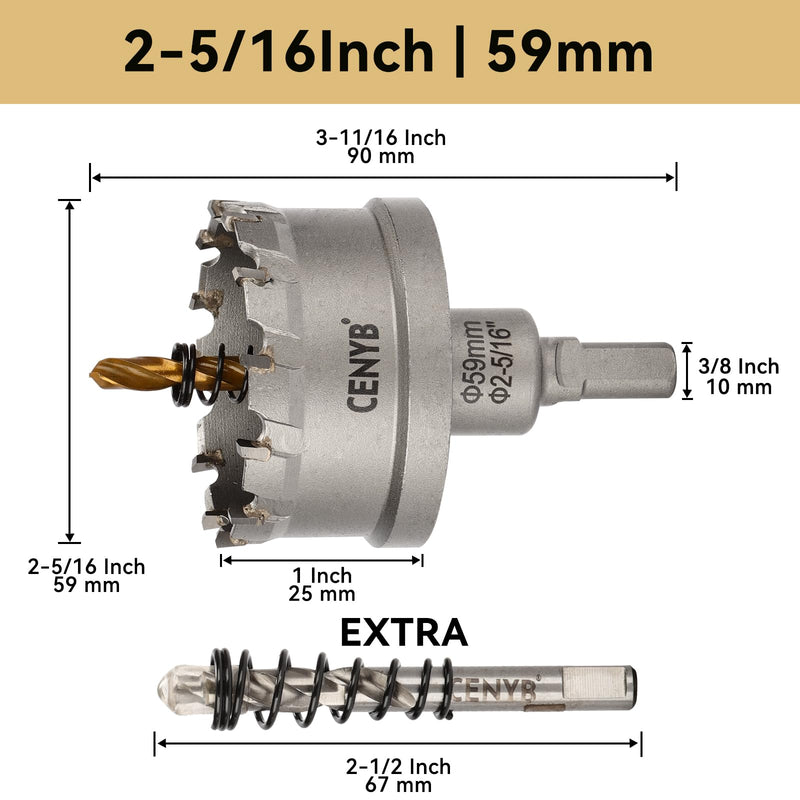 [Australia - AusPower] - 2-5/16" (59mm) Tungsten Carbide Tipped Hole Saw with 2Pcs Titanium-Plated Pilot Drill Bits for Hard Metal,Stainless Steel,Iron,Aluminum Alloy,Wood and Plastic 59mm | 2-5/16" 