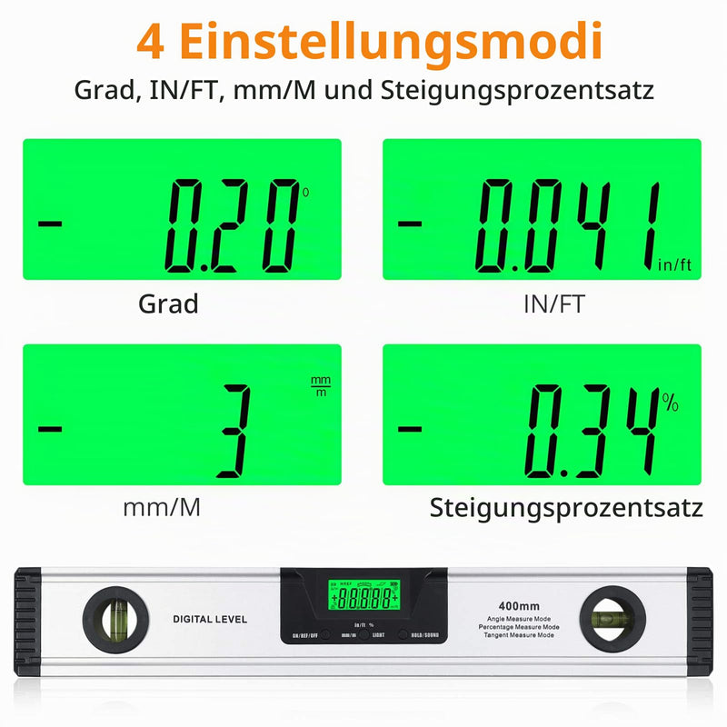 Neoteck Spirit Level Digital LCD Spirit Level 16 Inch 400 mm LED Angle Bevel with V-Groove Magnetic Base, Audio Display, 4 Adjustment Modes Angle Measurement Tool for Roofs, Railings, Ramps
