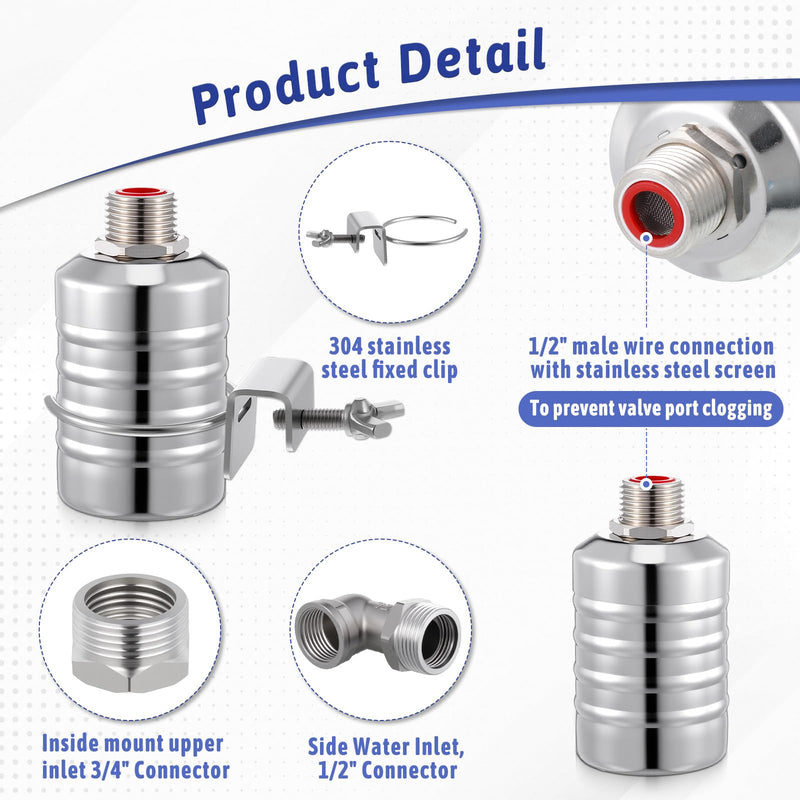 2 Packs 304 Stainless Steel Float Valve Automatic Water Level Control Float Valve 1/2" To 3/4'' Auto Shut off Water Tank Floats with Side/Top Entry for Fish Tank Swimming Pool Troughs