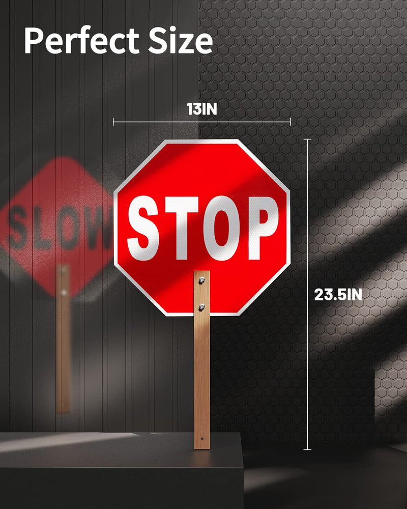 [Australia - AusPower] - Stop Slow Sign, Double Sided Street Slow Warning Reflective Signs, 13x13in Octagon Rust Free Aluminum, with Bamboo Handle, UV Protected and Waterproof, Weather Resistant, Durable Ink, Easy to Mount 