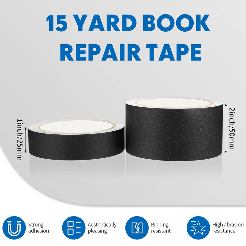 2 Pcs Black Book Binding Tapes 1 Inch / 2 Inch Self Adhesive Matte Cloth Tapes 15 Yard Roll for Old Books Antique Books Daily Supplies Cable Management Packaging