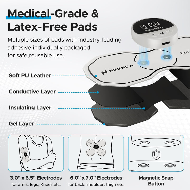 [Australia - AusPower] - NEENCA Wireless TENS Unit Muscle Stimulator, Smart Rechargeable TENS EMS Muscle Massager for Knee/Shoulder/Back Pain Relief. 4 TENS Pads with Remote Control for Physical Therapy,9 Modes 19 Intensities Pearl White 