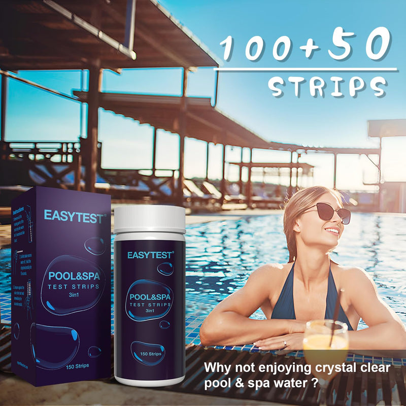 EASYTEST Pool and Spa Test Strips, 150 Strips Pack for Hot tub-Test pH,Total Alkalinity,Free Chlorine and Bromine, Accurate 3 in 1 Pool Water Testing Kit 3 in 1 Pool Test Strips