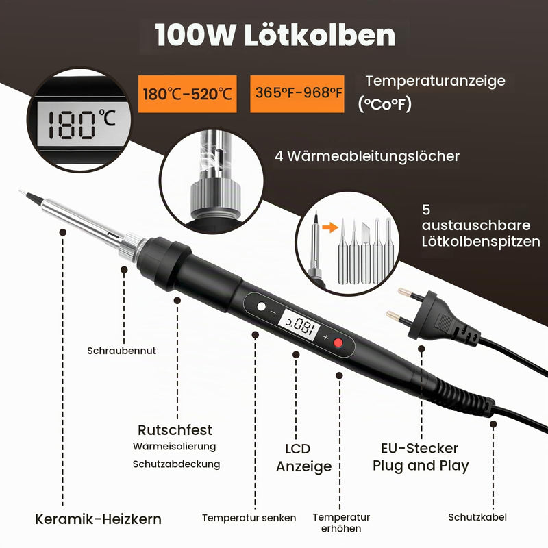 RUIZHI Soldering Iron Set 100 W LCD Adjustable Temperature 180-520 °C, 16-in-1 Soldering Iron Soldering Set with 50 g Solder, 5 Soldering Tips, Desoldering Pump, Soldering Stand, Pliers, Soldering Set for Electrical Work