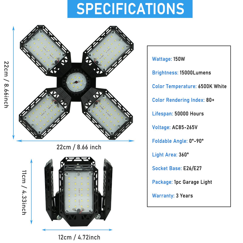 [Australia - AusPower] - LED Garage Light,150W Deformable LED Garage Ceiling Lights,15000LM Garage Lights with 4 Adjustable Panels, E26/E27 LED Shop Lights for Garage, Basement, Barn, Workshop,High Bay Light 4+1P 1Pack/F 
