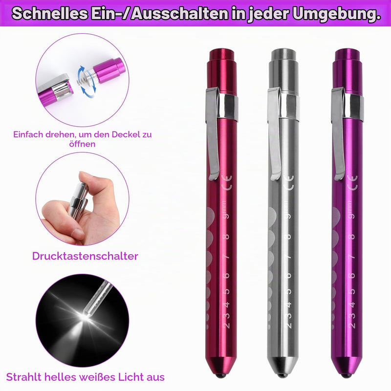 HENGBIRD Pupil Light LED Pen Lamp Set of 3 in Purple, Pink, Silver Penlight Torch Diagnostic Light with Clip and Scale for Eye Examination Emergency Service Accessories Care Accessories