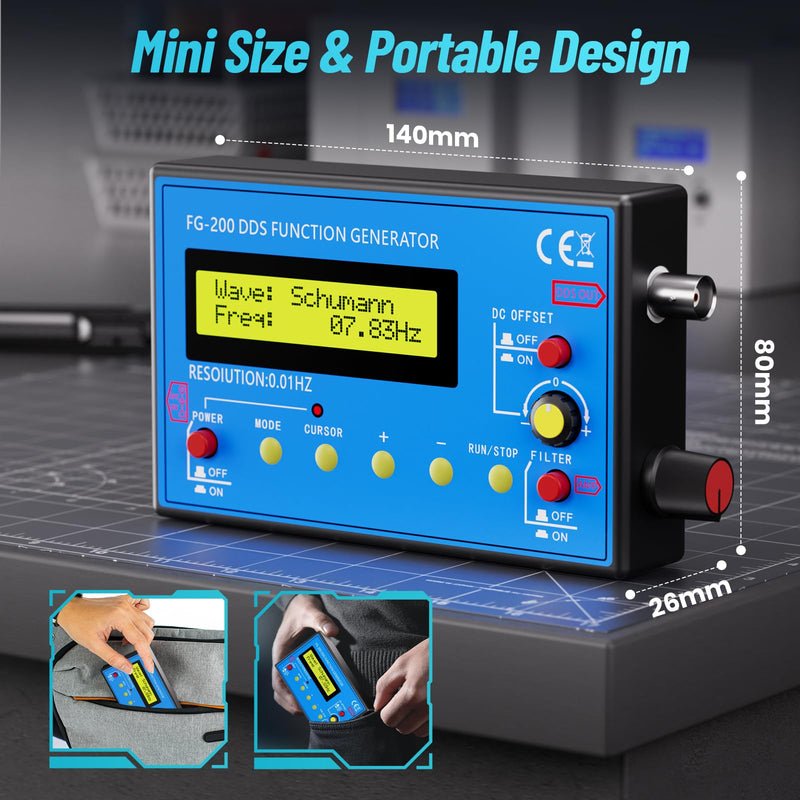 1Hz-500kHz DDS Signal Generator with Schumann Resonator, Portable Multifunction Waveform Generator with AC/DC Power, Ideal for Oscilloscope Calibration, Audio Testing, and Stress Relief