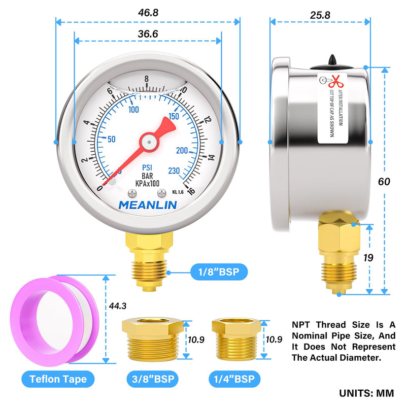 [Australia - AusPower] - MEANLIN MEASURE 0-16BAR/0~230Psi Stainless Steel 1/8" BSP 1.5" Face Dial, Glycerine Filled Pressure Gauge, Liquid Filled, Water Oil Air, Forearm, with 1/8" x 1/4" BSP and 1/8" x 3/8" BSP Hex Socket 0~16BAR/0~230PSI Mounted on the bottom 