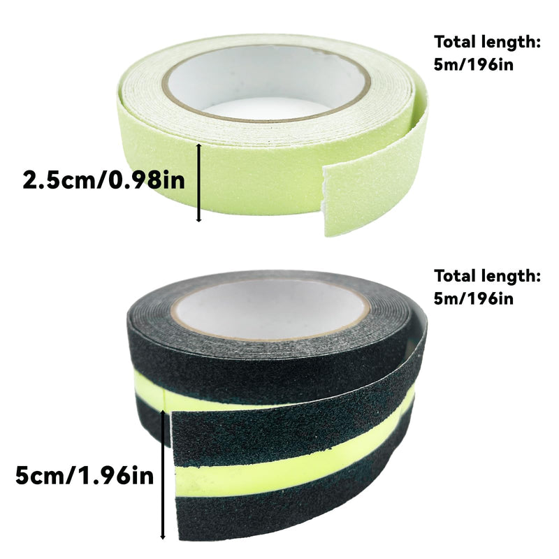 Daily Treasures 2 Pack Anti-Slip Grip Tape Glow in Dark, 2"×16Ft Luminous & 1"×16Ft All-Luminous Stair Non Slip Adhesive with A Roller,PET High Traction Grit Tapes for Stairs Steps Indoor&Outdoor