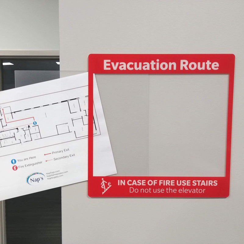 Evacuation Route Map Holder – Fire Evacuation Map Display, Clear Plastic, Reverse Printed Red Frame, 8.5" x 11" Sign Pocket, Adhesive Tabs Included, Wall or Door Mount, 11.5" x 11.5"