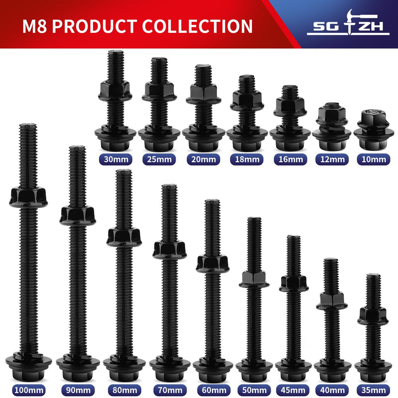 [Australia - AusPower] - M8 x 20mm Flanged Hex Head Bolts, Nuts, Flat & Lock Washers, 20Pcs 18-8 (304) Stainless Steel, Fully Threaded, Black Oxide by SG TZH 20 M8 x 20mm 