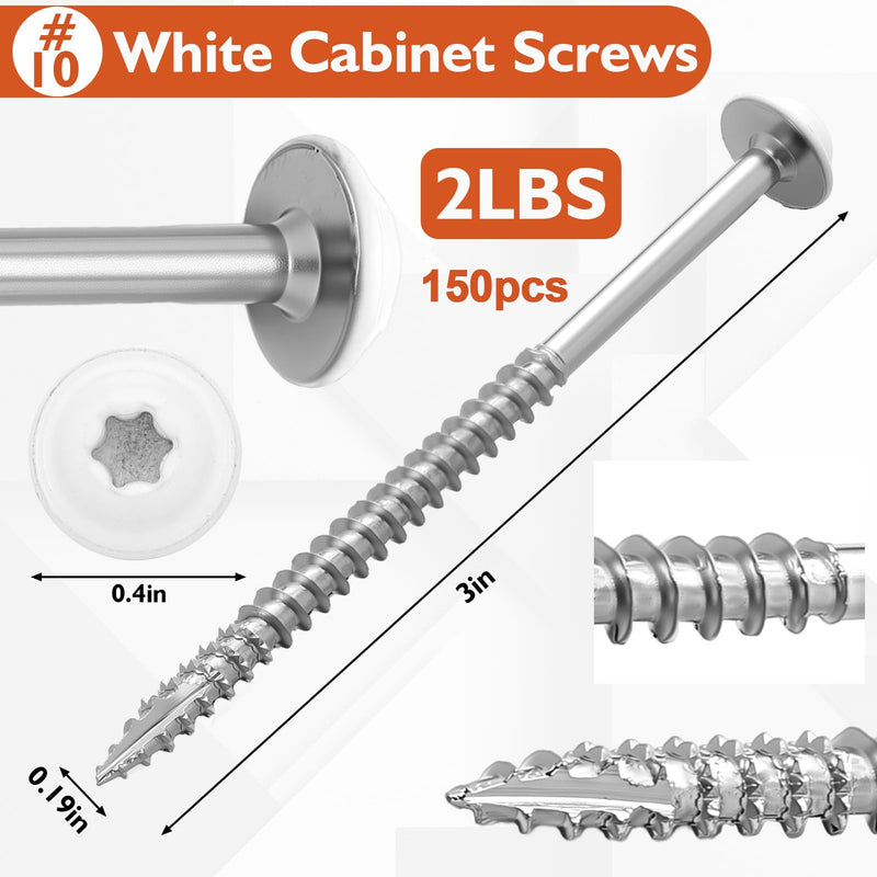 Frienda 2 Pound White Cabinet Screws Bulk #10x3'' Self Tapping Wood Screws Heavy Duty Star Drive Head Deck Lag Fasteners for Wall Cabinet Furniture Siding Trim Plates Construction Approx. 150pcs Silver #10x3 Inch
