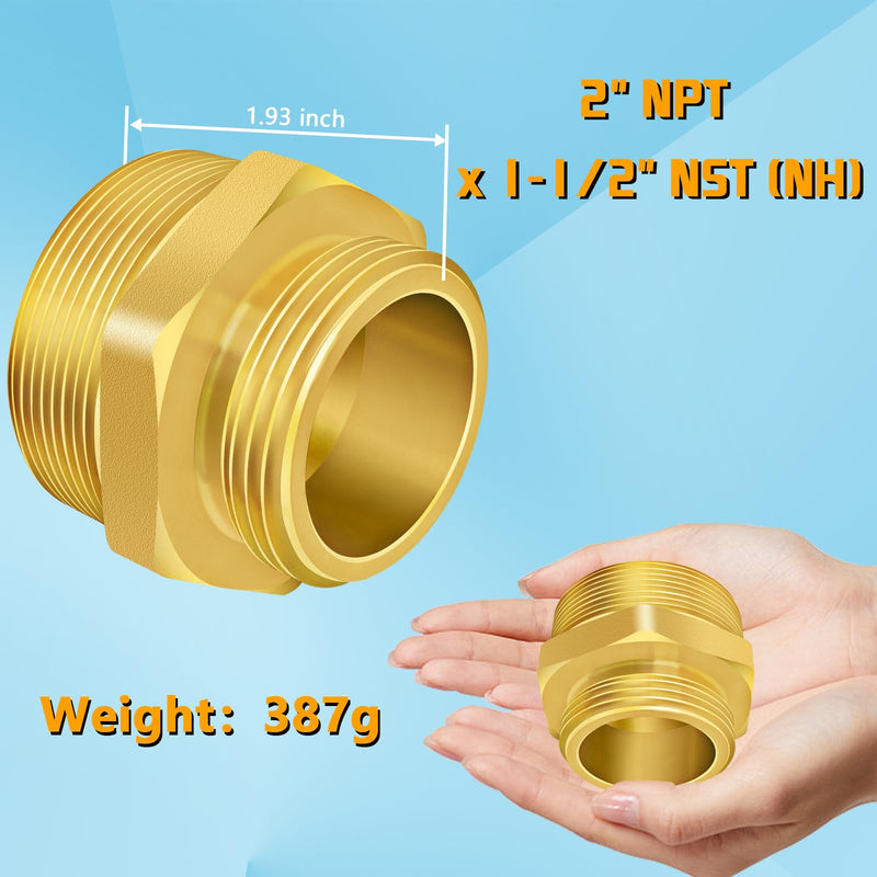 [Australia - AusPower] - Fire Hydrant Hex Nipple, 2" NPT x 1-1/2" NST (NH) Male Fire Hydrant Hose Adapter Fitting Double Male Brass Fire Hydrant Connector 2" NPT Male x 1-1/2" NST Male 