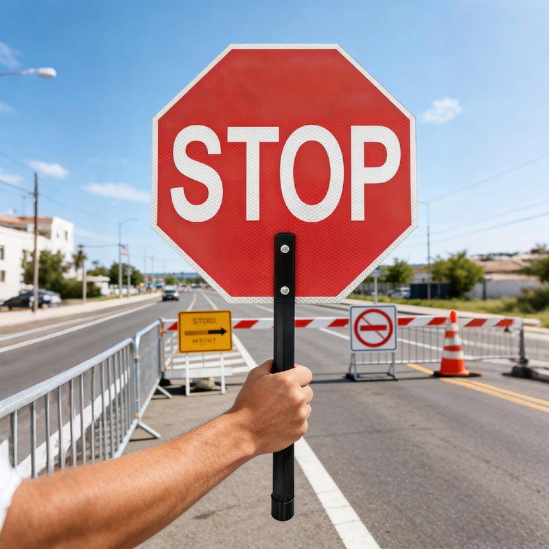Stop Slow Sign with Wooden Handle, 2-Pack 13 x 13 Inch Double-Sided Handheld Stop Sign, Engineering-Grade Reflective Rust-Free Aluminum Slow-Down Signs, Weather- and Fade-Resistant, Easy to Mount.