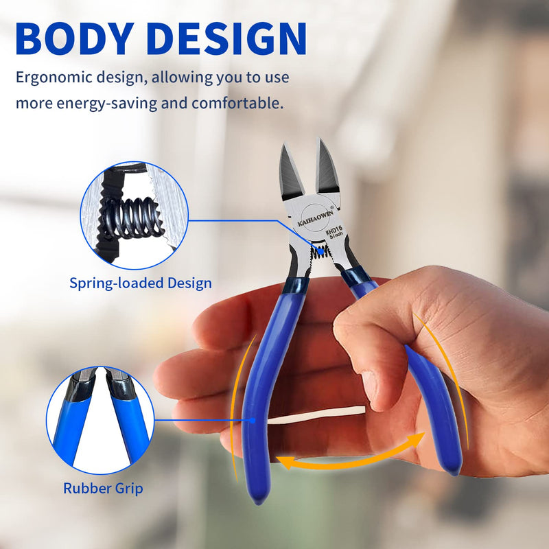 [Australia - AusPower] - Wire Cutters 5", 5 Pack KAIHAOWIN Precision Flush Cutters Ultra Sharp Wire Cutters for Crafting Side Cutters Wire Snips Spring Loaded Dikes Wire Cutter for Jewelry Making, Blue with Black Handle 