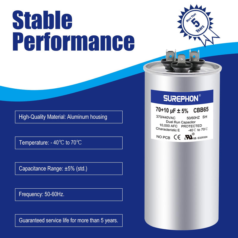 [Australia - AusPower] - CBB65 70/10 uF 70+10 MFD 370V or 440 Volt Dual Run Capacitor Air Conditioner Capacitors for AC Unit Fan Motor Start, Heat Pump, or Condenser Straight Cool 70+10MFD 