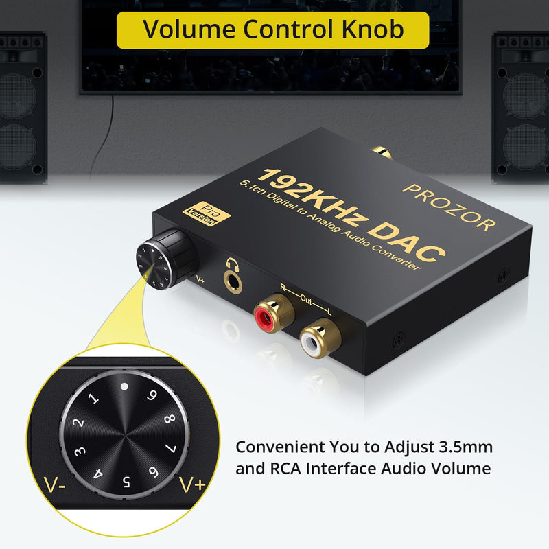 [Australia - AusPower] - PROZOR 192kHz Digital to Analog Audio Converter Support Dolby AC-3 DTS 5.1CH with Volume Adjustable, Optical to RCA DAC Decoder, Digital DAC Converter SPDIF TOSLINK to Stereo L/R & 3.5mm Jack small DAC Support Dolby AC-3 DTS 5.1CH 