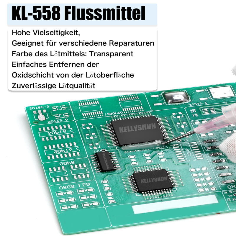 KL-558 Flux Soldering, 10 ml No-Clean Lead-Free Rosin Flux (1 Piece) 2.5 mm / 1.5 m Desoldering Braid (Pack of 3) Suitable for Mobile Phone Soldering, BGA, Household Appliance Repairs Flux (1 piece) desoldering braid (3 pieces)