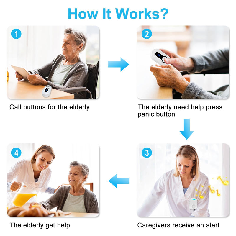 SanJie Wireless Caregiver Pager Call Bell for Patients at Home 328Ft Range Call Button for Elderly Life Alert Systems for Seniors (2 Rechargeable & Portable Receiver,3 Emergency Button) 3 buttons+2 receivers