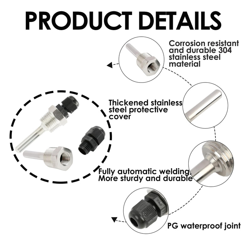 [Australia - AusPower] - Pack of 2 Immersion Sleeve 1/2 Inch, 50 mm Stainless Steel Diving Sleeve G 1/2 Inch Thread, Immersion Protection Tube for Temperature Sensor, 8 x 50 mm Immersion Sleeves for Thermocouples, Protective 