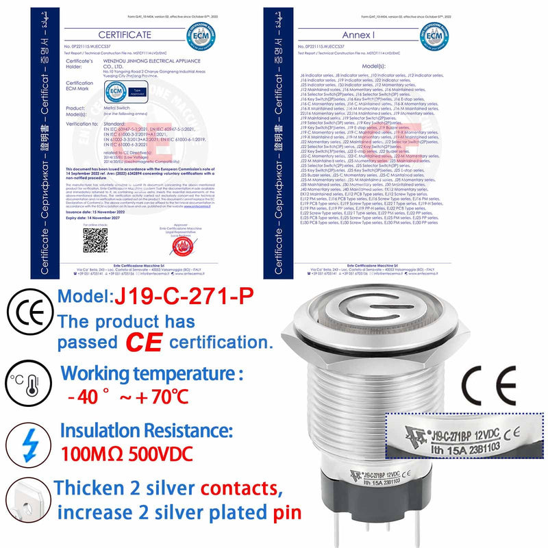 [Australia - AusPower] - 15Amp 19mm Latching Push Button Switch 12V DC 24V Waterproof IP67 Power Button 1NO SPST Power Button Blue Led Metal Self-Locking On Off 3/4inch with Wire Socket 15 Amp Latching, 12/24V DC 