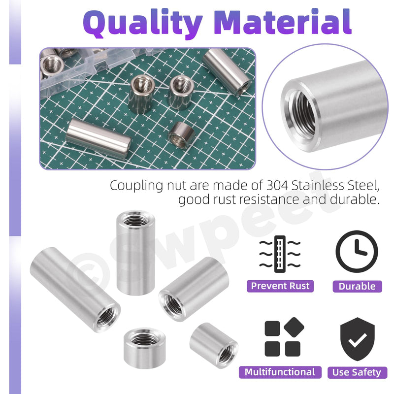 [Australia - AusPower] - Swpeet 28Pcs 5 Sizes Metric M6 X 1.0-Pitch X 8mm/15mm/25mm/30mm/40mm Length 304 Stainless Steel Round Connector Nuts Coupling Nuts Assortment Kit, Female Thread for Camera Pan, Lamp Bracket 