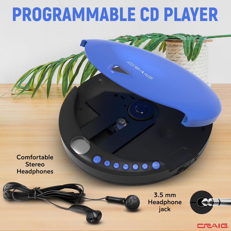 [Australia - AusPower] - Craig CD2808-BL Personal CD Player with Headphones in Blue and Black | Portable and Programmable CD Player | CD/CD-R Compatible | Random and Repeat Playback Modes | 