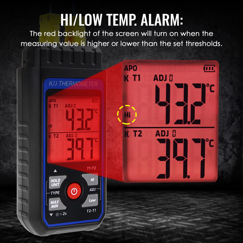 [Australia - AusPower] - Dual Channel K/J Thermometer with 4 Probes & 2 Pipe Clamps– -200°C to 1372°C° (-328°F to 2501°F) Alarm, Backlight Temperature Meter for HVAC Tools, Industrial Thermometer Dual Channels w Temp Clamp 