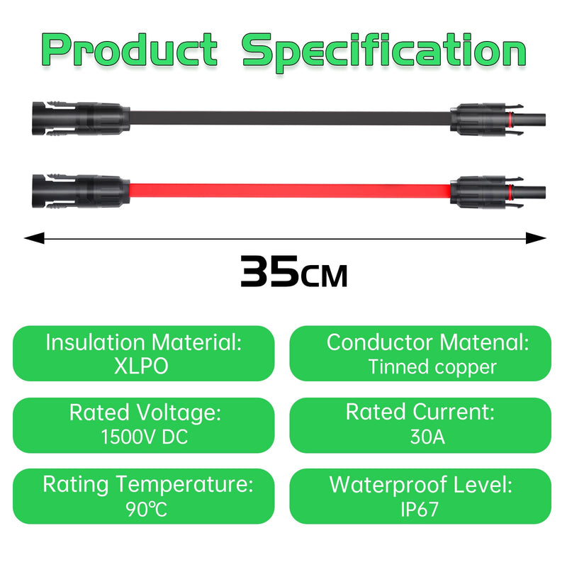 Pack of 2 Solar Panel Flat Cable 4 mm², 35 cm Solar Cable Window Feed-Through Flexible PV Flat Cable for Balcony Power Plant and Solar Power Station 35cm-2 pieces