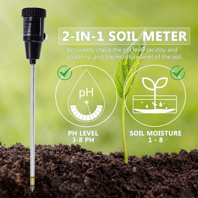 2 in 1 Soil PH Meter Soil Moisture Sensor Meter Soil PH Tester Soil Test Kit Gardening Tool for Indoor Outdoor Plant Garden Lawn Farm Waterproof Metal Electrode 295mm Long