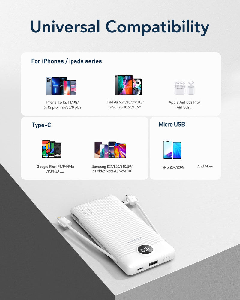 [Australia - AusPower] - VEGER Portable Charger for iPhone Built in Cables and Wall Plug, 10000mah Slim Fast Charging USB C Power Bank, Travel Essential Battery Pack Compatible with iPhones, iPad, Samsung, and More(White) B White 