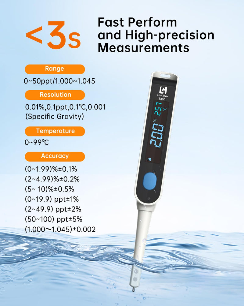 [Australia - AusPower] - Digital Salinity Meter, Platinum Electrode & Concave Surface for Lab-Grade Accuracy, Auto-Measured Salt Content Tester, Rapid Test for Aquarium/Saltwater/Salty Food, Range: 50ppt/1.000〜1.045 