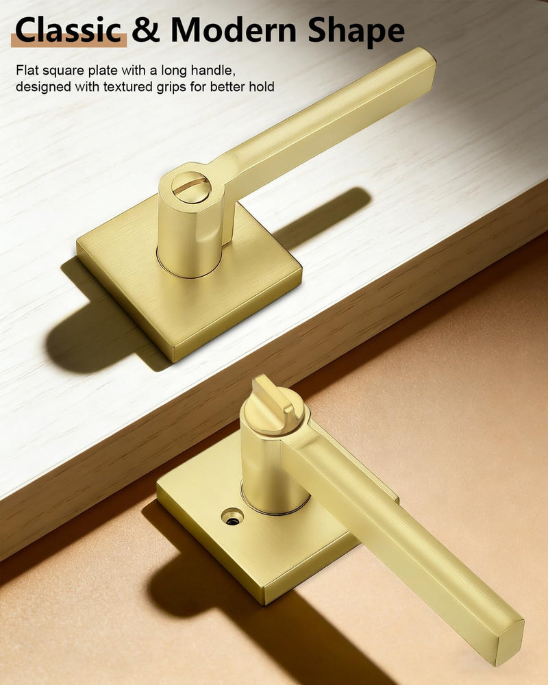 Probrico Door Handle Interior with Lock, Brushed Gold Bedroom Bathroom Lever, Heavy Duty Square Reversible for Right or Left Side Doors, 1 Pack Privacy