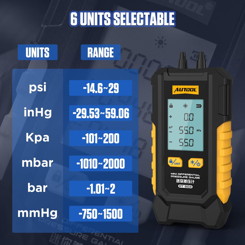 [Australia - AusPower] - AUTOOL Manometer Gas Pressure Tester, Digital Manometer HVAC, 6 Units Differential Dual Port Pressure Gauge -101 to 200Kpa, Data Zeroing with Backlight LCD Display PT503 