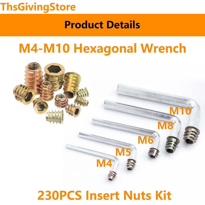 [Australia - AusPower] - 230 Pieces 11 Size M4/M5/M6/M8/M10 Threaded Inserts for Wood,Metric Hardware Nuts Inserts Assortment Tool Kit for Wood Furniture Zinc Alloy Furniture Bolt Fastener Connector Hex Socket Screw Inserts 230 Pieces-Tool 