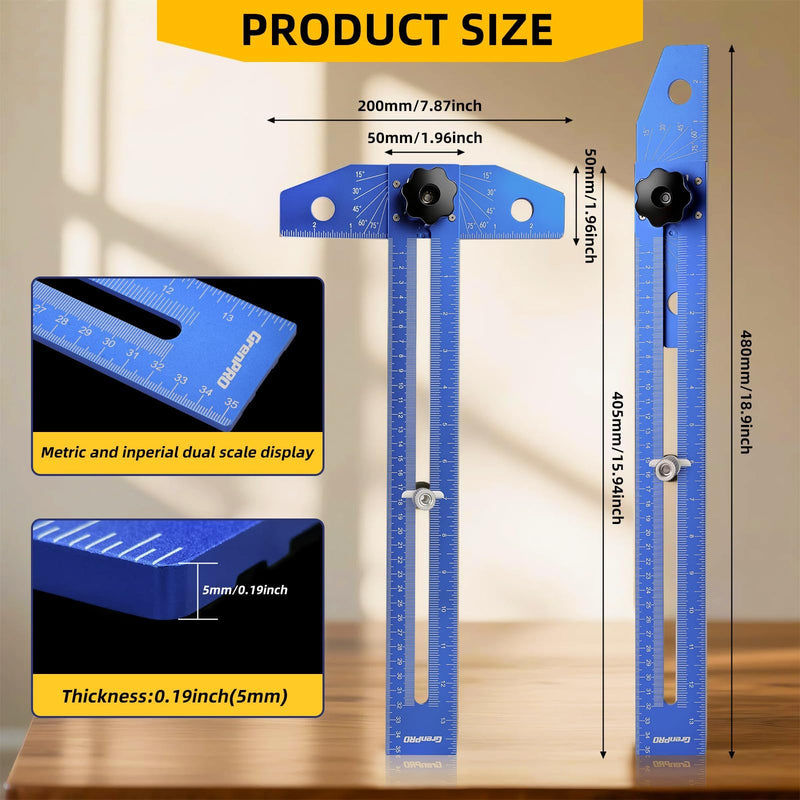 GRENPRO Woodworking Scriber Marking Line Ruler with Carpenter Pencil & Metal Ruler, Adjustable Aluminum Alloy Sliding T-Square Ruler, Measuring Angle Finder with Adjustment Scale,Drawing Aid Rule tool Blue