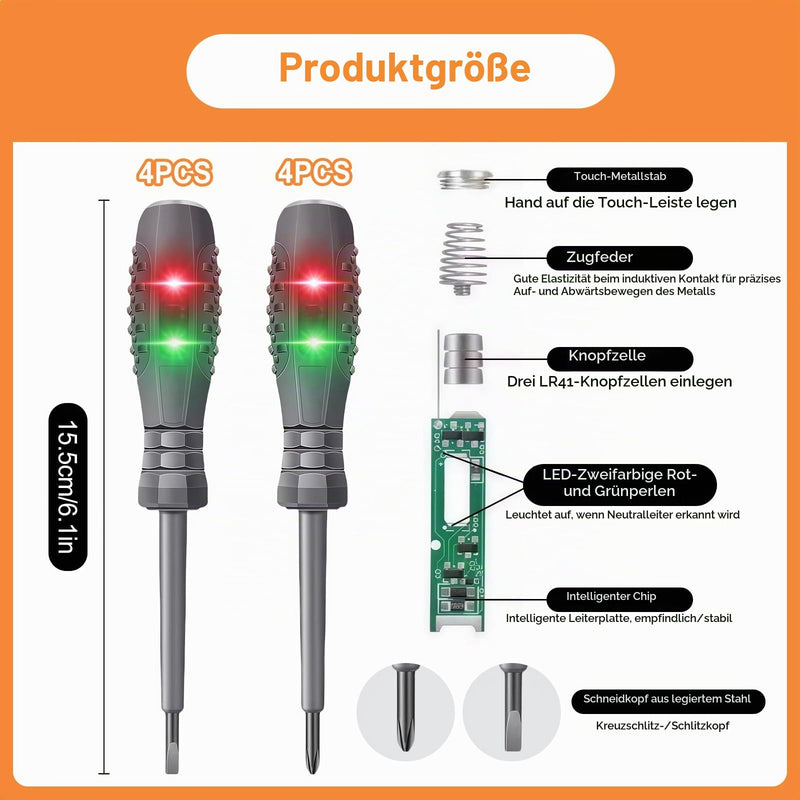 Phase Tester Screwdriver Voltage Tester Screwdriver Pack of 8 | 2-in-1 power tester with strong torque and magnet, chamfer tester, power screwdriver, for detecting DC circuits